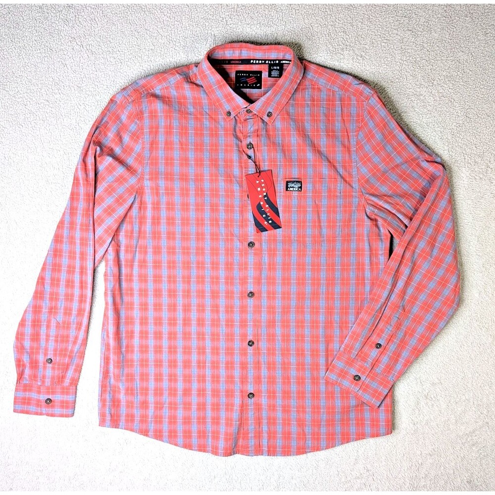 NEW Perry Ellis Men's Dress Shirt Long Sleeve Large Spring Plaid Orange Blue